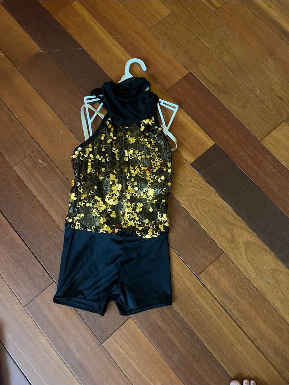Weissman Black and Gold Sequin Halter Dance Romper